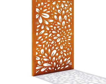 Corten Steel Privacy Screen Chrysanthemum Floral Pattern Garden Panel Weathering Steel Outdoor Divider