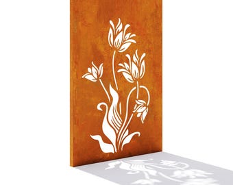 Corten Steel Privacy Screen Tulip Flower Motif Garden Panel Weathering Steel Outdoor Divider