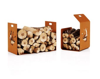 Corten Steel Firewood Holder Luka Flame Design Log Basket Indoor Outdoor Weathering Steel