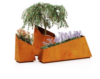 Trapezförmiger Pflanzkübel aus Cortenstahl: Moderner geometrischer Gartentopf, Rostoptik