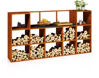 Corten Steel Firewood Shelf with Work Surface – Indoor/Outdoor Log Storage Rack
