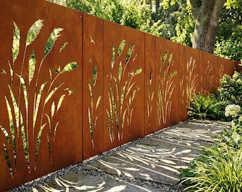 Pantalla de privacidad de acero Corten con diseño de hierba de la Pampa y pájaros, panel divisor exterior de acero resistente a la intemperie.