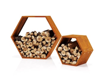 Corten Steel Hexagon Firewood Rack Honeycomb Log Holder Indoor Outdoor Weathering Steel Storage