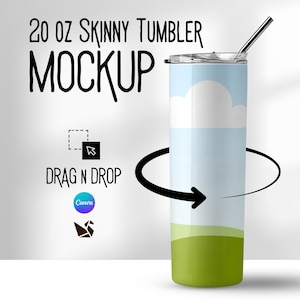20oz Canva Skinny Tumbler Mockup Template | White Wrap Around Sublimation PNG JPEG | Hand Holding Thermal Cup Photo Mock Up 1 Tumbler Mockup