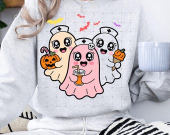 Sublimazione PNG di Halloween con infermiera preppy, design di maglietta da infermiera di Halloween, infermiera di Halloween, download digitale di infermiera fantasma divertente