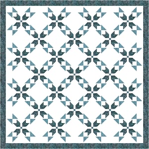 May include: A square quilt with a repeating geometric pattern in shades of blue and white. The design features diamond shapes with alternating dark and light blue triangles and squares. A patterned border in a darker blue frames the quilt.