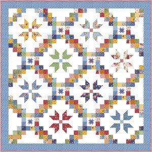Puede incluir: Un edredón de patchwork con fondo blanco y un patrón repetitivo de explosiones de estrellas coloridas y formas geométricas. El edredón presenta una variedad de telas florales y estampadas en tonos de rojo, azul, amarillo y verde, con un borde azul.
