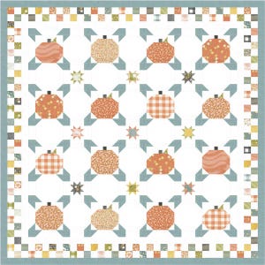 May include: A patchwork quilt featuring a repeating pattern of orange pumpkins with black stems on a white background. The pumpkins have various textures and patterns. The quilt is bordered with a blue and checkered design, and includes star accents.