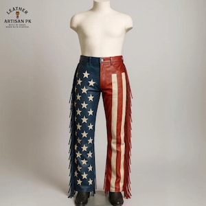 Vintage American Flag Leather Fringe Pants, Patriotic Biker Western Pants, Handmade USA Motorcycle Chaps, Leather Trouser, Cowboy Costume