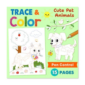 Puede incluir: Un libro de actividades infantiles con el título "TRACE & COLOR" en letras coloridas. El libro presenta dibujos lineales de una vaca, un perro y otros animales domésticos lindos. La portada también incluye el texto "Pen Control" y "15 PAGES".
