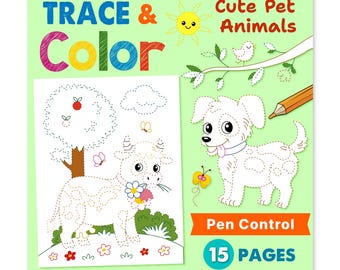 May include: A children's activity book titled "TRACE & COLOR" with colourful lettering. The book features line drawings of a cow, a dog, and other cute pet animals. The cover also includes the text "Pen Control" and "15 PAGES".