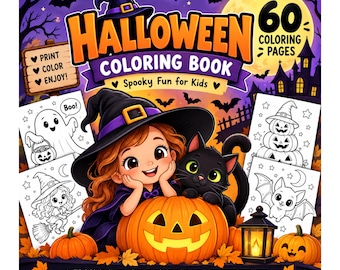 Peut inclure: Une couverture de livre de coloriage d'Halloween avec un enfant portant un chapeau de sorcière et un chat noir derrière une citrouille. Le texte indique Halloween Coloring Book, 60 Coloring Pages, Spooky Fun for Kids, Print, Color, Enjoy.