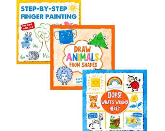 May include: Three colourful children's activity books. The top book is titled "Step-By-Step Finger Painting" with illustrations of a bunny and hedgehog. The middle book is "Draw Animals From Shapes". The bottom book is "Oops! What's Wrong Here?"