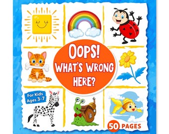 May include: A children's book titled "Oops! What's Wrong Here?" features colourful illustrations of a smiling sun, rainbow, ladybug, cat, flower, zebra, snail, and goldfish. The book is for ages 3-7 and has 50 pages.