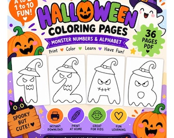 Peut inclure: Un livre de coloriage numérique d'Halloween avec 36 pages de chiffres et de lettres monstres. La couverture montre des citrouilles orange, un fantôme avec un chapeau violet et un chat noir. Le texte inclut Halloween Coloring Pages, Monster Numbers & Alphabet et Spooky But Cute.