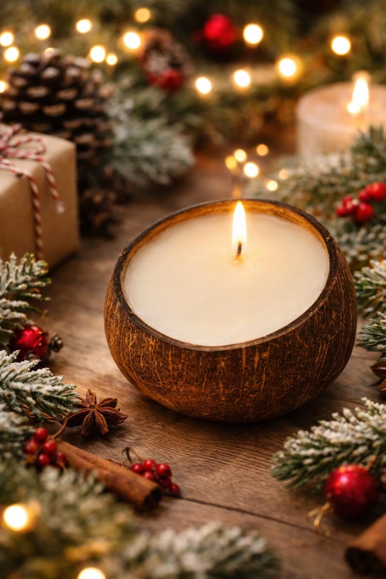 May include: A lit candle in a coconut shell, surrounded by festive decorations. The candle has a white wax and a single flame. The decorations include pine needles, red berries, and a gift box. The scene is set on a wooden surface.