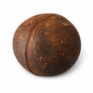 May include: A whole, brown coconut with a rough, textured surface. The coconut is round with a dark brown patch on one side. The image is a studio shot on a white background.