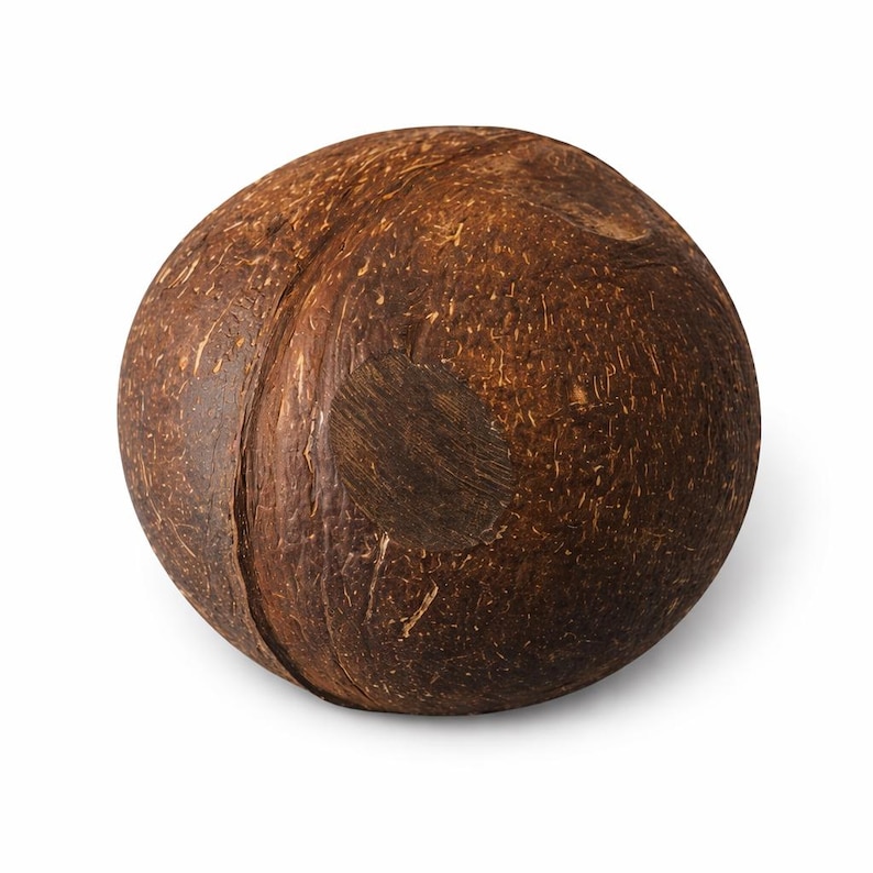 May include: A whole, brown coconut with a rough, textured surface. The coconut is round with a dark brown patch on one side. The image is a studio shot on a white background.