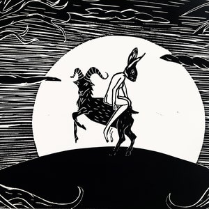 Der Teufel & der Hase - Original Linoldruck, Ziege / Schwarzer Philip / Hexe / Gothic Kunst / Pagan / Hexerei