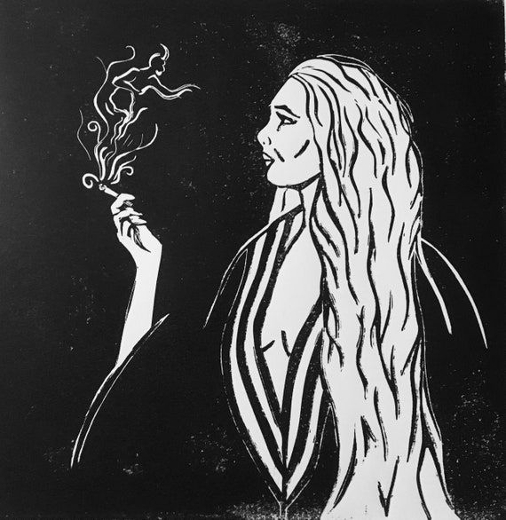 demon smoking cigarette Devil in the smoke original lino print / Vintage inspired / art deco/ demon  / retro / 1930's / illustration / art / decor / goth / gothic