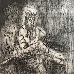 Pan drypoint etching / faun / satyr / Greek / mythology