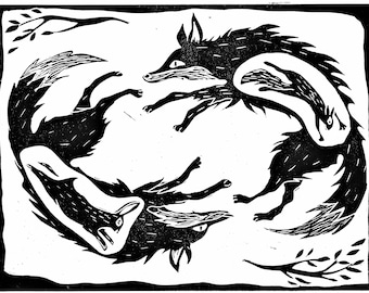 Wolf lino print / fox print / mythology / nature / folklore / animals