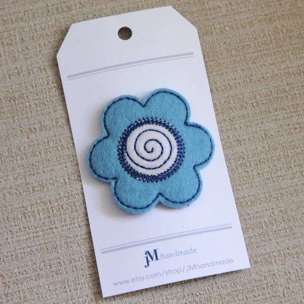 Daisy Hair clip dusty blue daisy with Navy blue swirl on white center 100% Wool Felt
