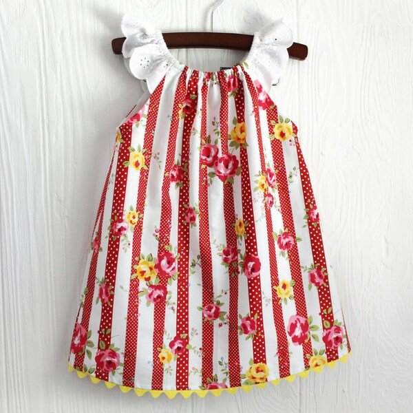 SALE. Red polka dot stripe yellow floral sun dress in sizes 3-6 months and 18-24 months