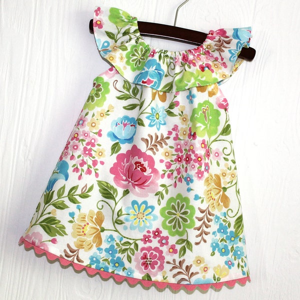 Pastel Garden pink green and blue floral boutique peasant dress in Size 9-12 months