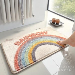 Rainbow Non-Slip Bath Rug, Soft Polyester Bathroom Mat, Absorbent Floor Rug, Cute Bathroom Decor, Fluffy Washroom Mat, Thick plush Mat
