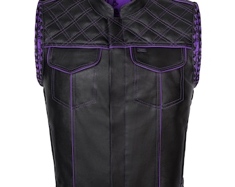 Handmade Leather Biker Vest: Diamond Quilted Motorcycle Vest, Black & Red
