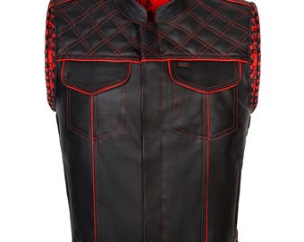 Handmade Leather Biker Vest: Diamond Quilted Motorcycle Vest, Black & Red