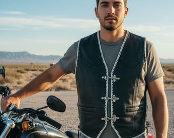 Black Leather Vest for Men, Motorcycle Vest with Bit Buckles, Western Biker Vest Side Lace, Handmade Sleeveless Leather Vest, Summer Gift