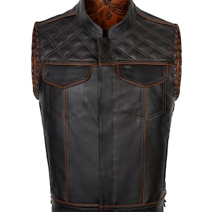 Men’s Leather Diamond Quilted Denim Biker Vest, Handmade Leather Vest, Club Style Riding Vest Street wears Genuine Leather Gift Son