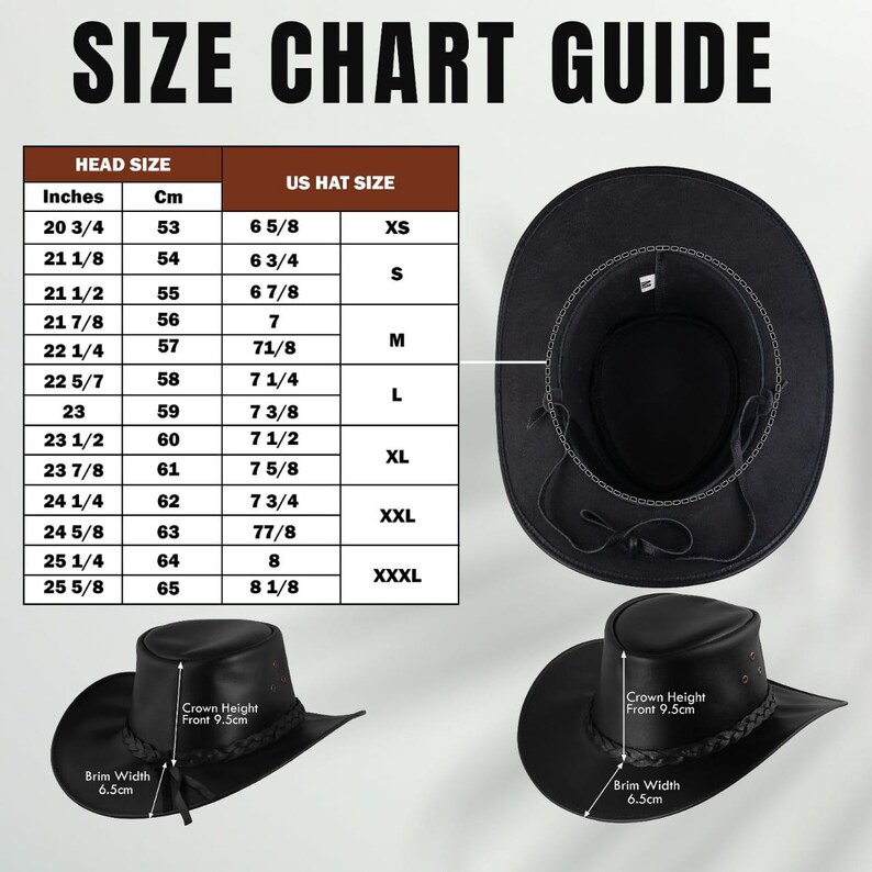 May include: A size chart guide with measurements in inches and centimeters for hats. The chart includes US hat sizes from XS to XXXL. Two black hats are shown, one from the top and one from the side, with brim width of 6.5cm and crown height of 9.5cm.
