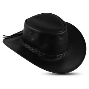 May include: A black leather cowboy hat with a braided band and three small rivets on the crown. The hat has a wide brim and a rounded crown. The hat is made of a smooth, shiny leather material.