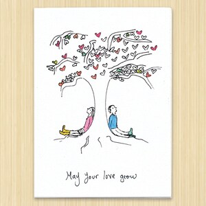 May include: A black and white illustration of a tree with hearts for leaves. Two people are sitting on the branches of the tree. The text "May your love grow" is written below the tree.