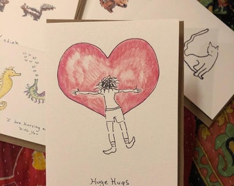 5 Card Pack. Valentine Cards. Variety Pack. Love Cards. Valentine Heart. Valentine Hug. Cute Heart Card. Hand Drawn Card. Blank Card.