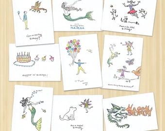 9 Card Pack. Birthday Cards. Dragon Cards. Mermaid Cards. Fairy Cards. Balloon Birthday Cards. Variety Card Pack. Hand Drawn Cards.