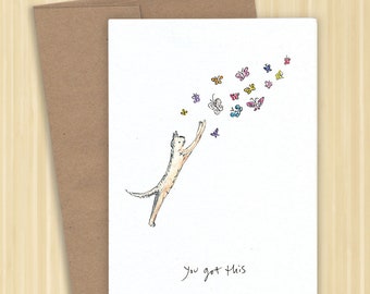 Cat butterfly card, cat lover card, kitty friendship card