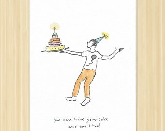 Birthday Cake Greeting Card. Boy With Cake Card. Birthday Card With Cake. Birthday Food Card. Cute Cake Card. Hand Drawn Card. Blank Card.