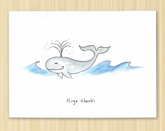 Whale Card. Thank You Card. Whale Thank You Card. Whale Note Card. Whale Lover Card. Ocean Thank You. Beach Card. Hand Drawn. Blank Card.