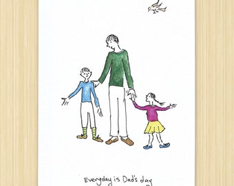 Father's Day Card. Happy Father's Day. Illustrated Dad With Kids. Card For Dad. Card For Papa. Cute Card For Dad. Father With Children.