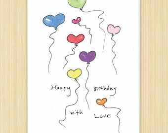 Heart Balloon Birthday Card. Happy Birthday. Happy Birthday Card. Heart Card. Balloon Card. Love Card. Heart Balloons. Hand Illustrated