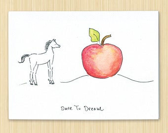 Inspirational Card. Dare To Dream. Horse Card. Foal Card. Inspirational Words. Cute Horse Card. Horse With Apple. Motivational Card.
