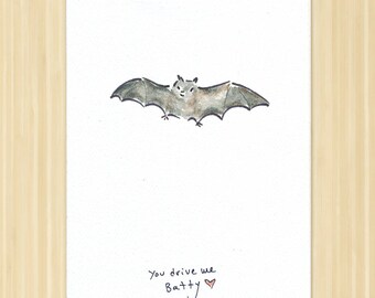 Bat. Valentine Card. Bat Card. Bat Valentine. Valentine's Day Card. Bat Lover Card. Bat Love Card. You Drive Me Batty. Funny Valentine.