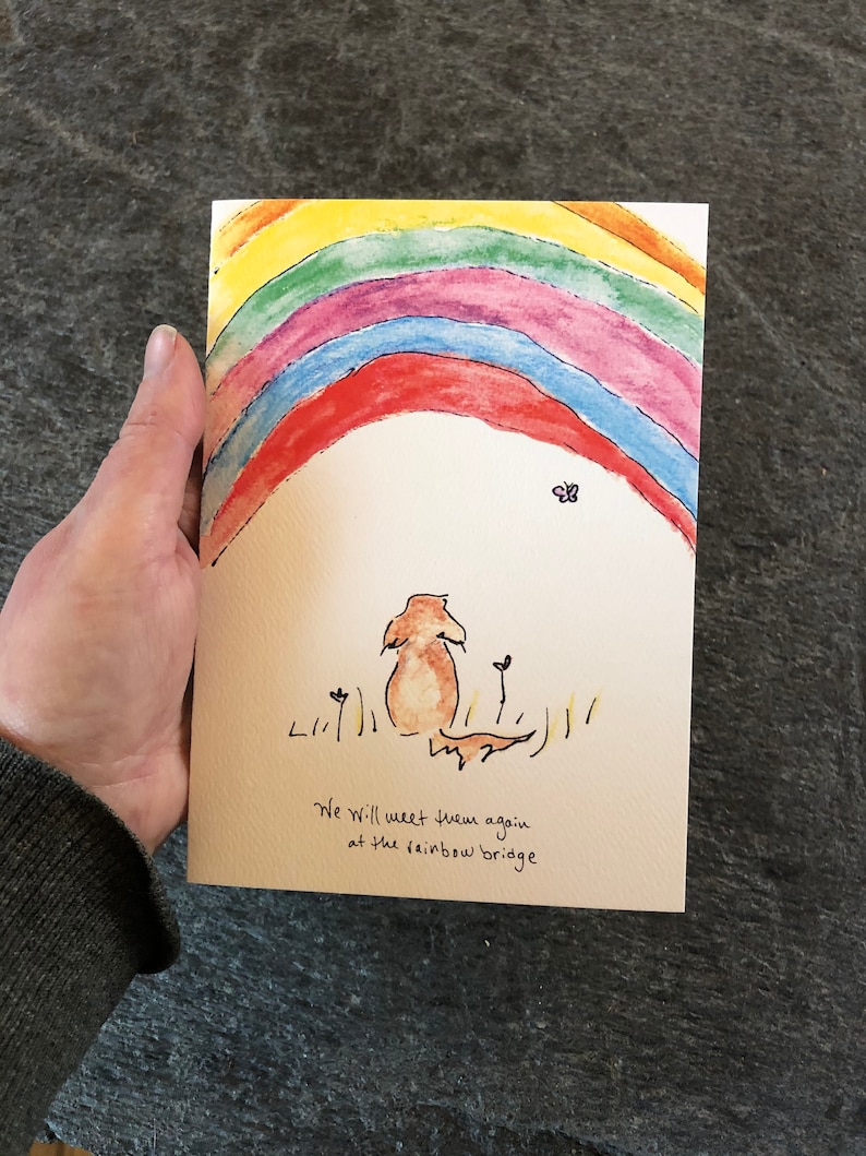 May include: A watercolor illustration of a rainbow with a small butterfly above it. A brown dog with a long tail is sitting under the rainbow with a small plant on either side of it. The text "We will meet them again at the rainbow bridge" is written below the dog.