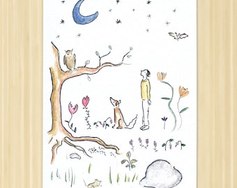 Moon and Stars Greeting Card. 5 pack. Boy With Dog Card. Nature Inspirational. Owl In Tree Card. Hand Drawn.