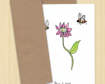 Bee Card. Bee Greeting Card. Love Card. Bee Love Card. Flower Card. Bees With Flowers. Bumble Bee Card. Honey Bee Card. Valentine's Day.