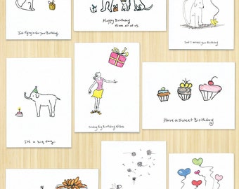 9 Card Pack. Box set, Animal Happy Birthday Cards. Variety bundle. Greeting Cards. Hand Drawn. Blank inside.